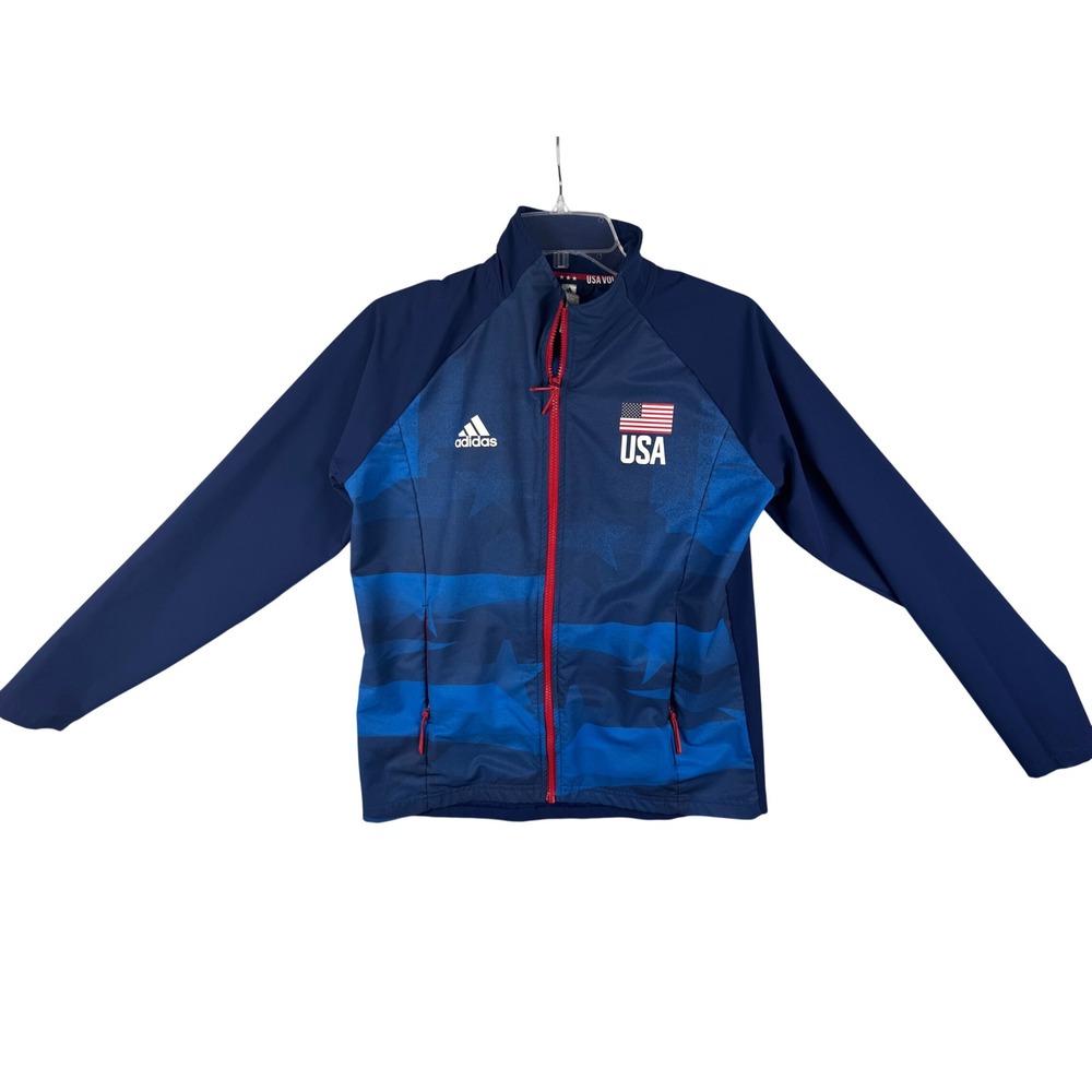 Adidas USA Volleyball Full Zip Jacket Blue Graphic Print Womens Small